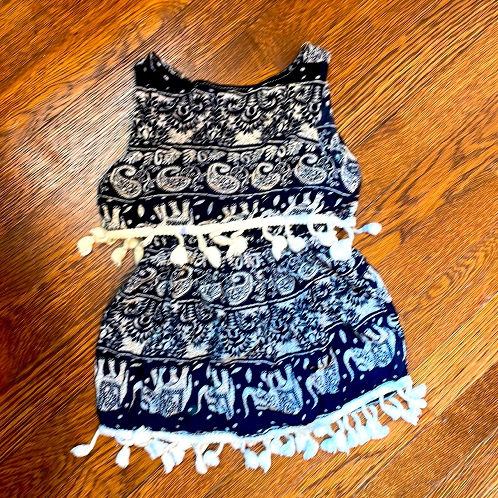 Boho toddler dress navy blue with elephants and tassels